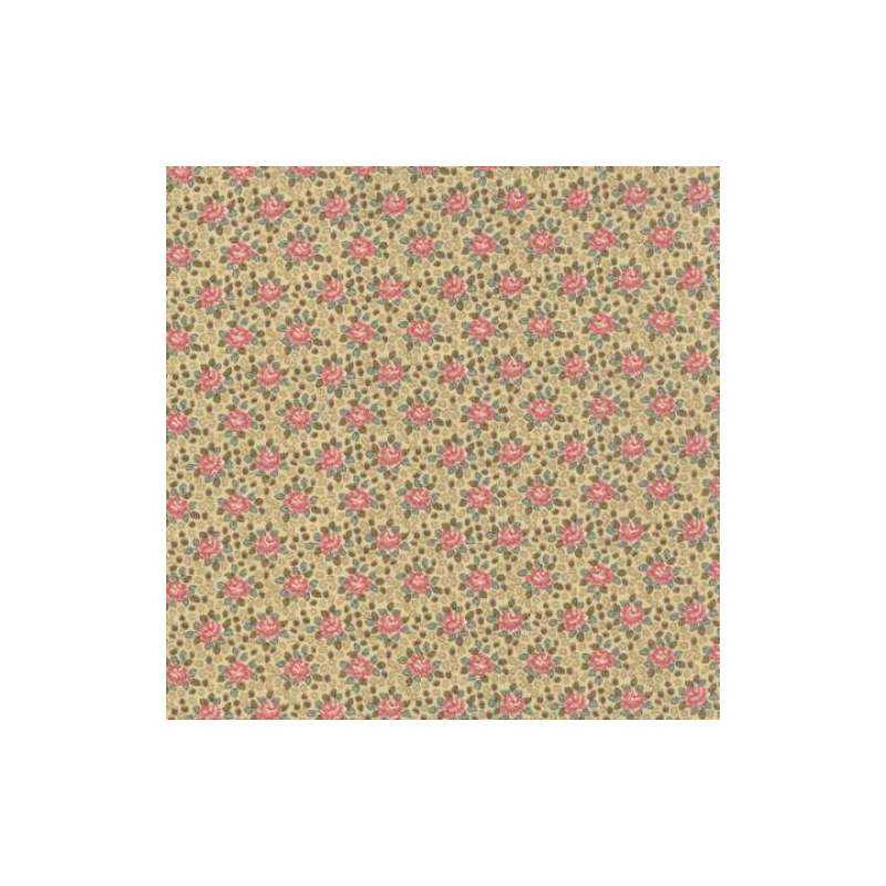 Moda Fabrics, Color Daze Prints- Tessuto Fondo Crema con fantasia di piccole foglioline verdi e rose rosa