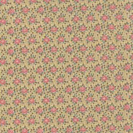 Moda Fabrics, Color Daze Prints- Tessuto Fondo Crema con fantasia di piccole foglioline verdi e rose rosa