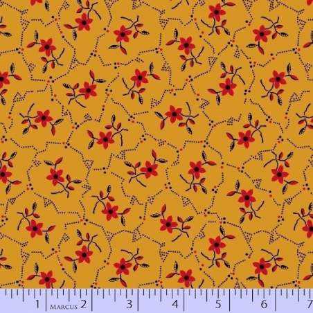Marcus Fabrics, Landon Creek collection- Tessuto Fondo Giallo Senape con rametti fiore Rosso e bocciolo verde scuro