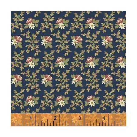 Windham Fabrics, Richmond collection- Tessuto Fondo Blu con rametti di foglie, margheritine bianche e fiori rossi