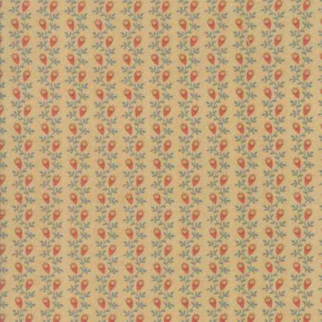 Moda Fabrics, Gratitude collection - Tessuto Giallo Mostarda con rametti verde salvia e boccioli rossi