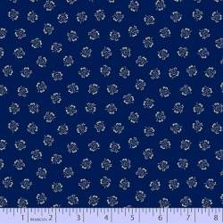 Marcus Fabrics, Tulip Dance, Mood in Blue Collection, di Paula Barnes- Tessuto Blu Scuro con piccoli disegni beige