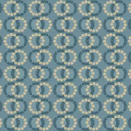 Henry Glass, Wreath Blue della Bannard Hill's collection, di Michelle Yeo - Tessuto azzurro con piccoli cerchi di fiori e foglie