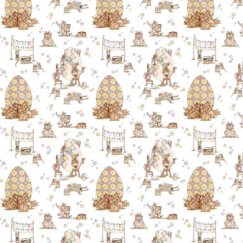 Easter Patchwork, Stoffa al Villaggio Patchwork su Tessuto Bianco con Topini e Coniglietti Amabilmente Vero - 1