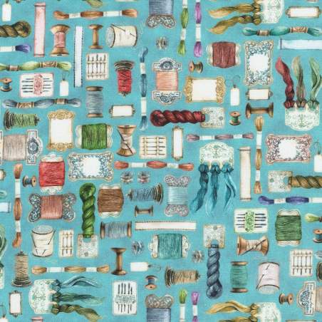 Make It Sew, Dusty Blue, tessuto azzurro con accessori per il ricamo - Robert Kaufman