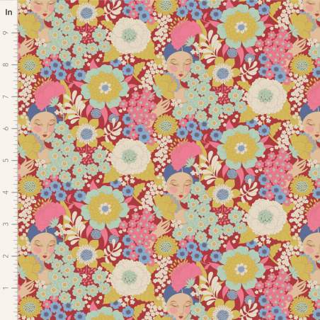 Tilda Wallflower Wallflower Burgundy, Tessuto Rosso Borgogna Muro di Fiori con Donne