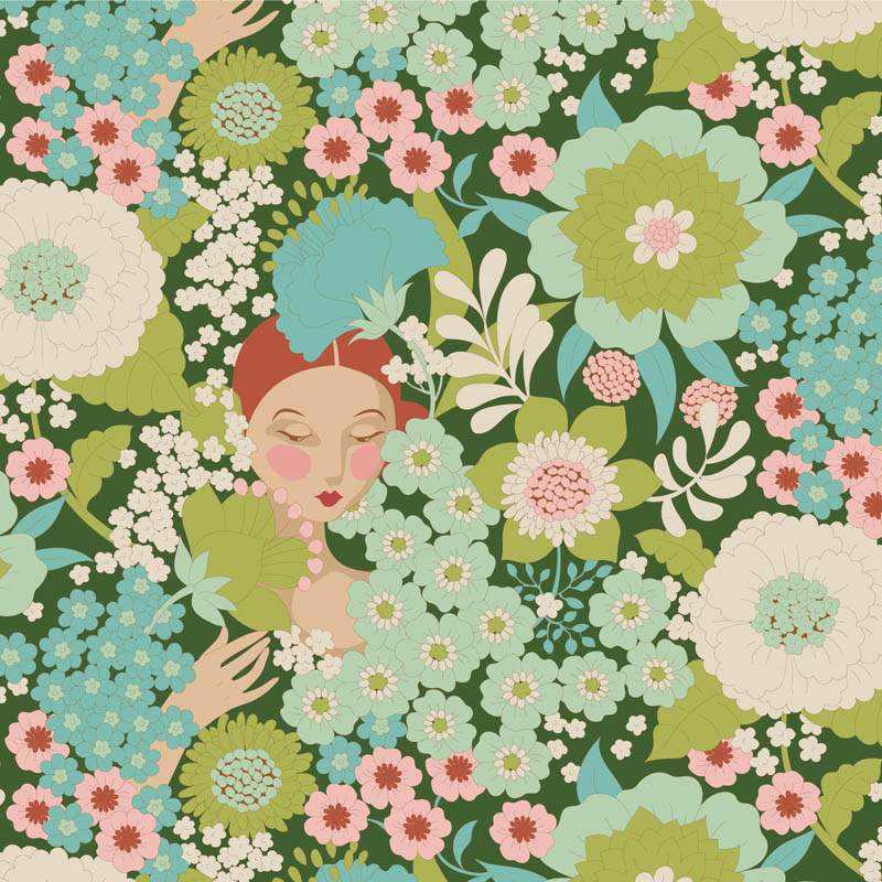 Tilda Wallflower Wallflower Green, Tessuto Verde Muro di Fiori con Donne Tilda Fabrics - 1
