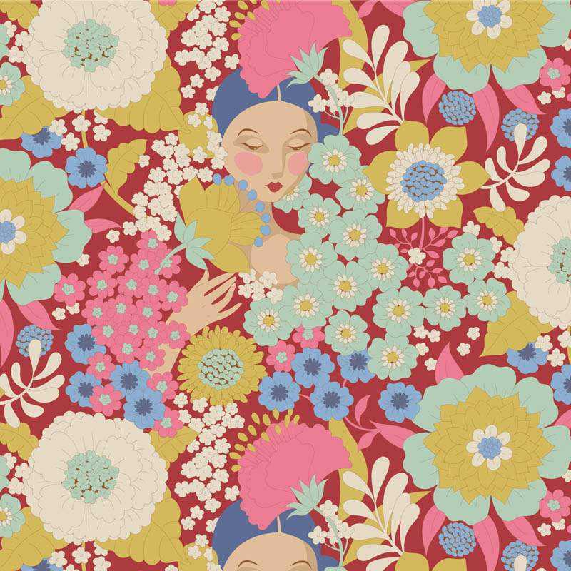 Tilda Wallflower Wallflower Burgundy, Tessuto Rosso Borgogna Muro di Fiori con Donne Tilda Fabrics - 1