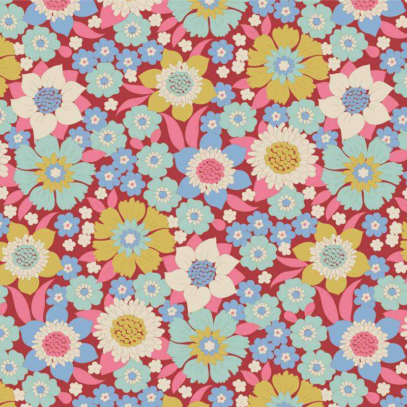 Tilda Wallflower Lauren Burgundy, Tessuto Rosso Borgogna Muro di Fiori Tilda Fabrics - 1