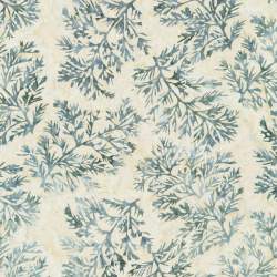 Artisan Batiks: Winter Pines, Mushroom by Lunn Studios, tessuto batik chiaro con foglie azzurre - Robert Kaufman