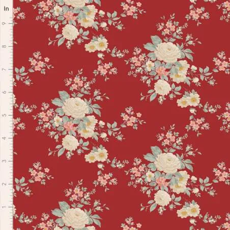 Tilda Merry Little Christmas, Carol Burgundy, tessuto con rose crema su fondo rosso scuro Tilda Fabrics - 1