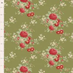 Tilda Merry Little Christmas, Carol Moss, tessuto con rose rosse su fondo verde muschio Tilda Fabrics - 1