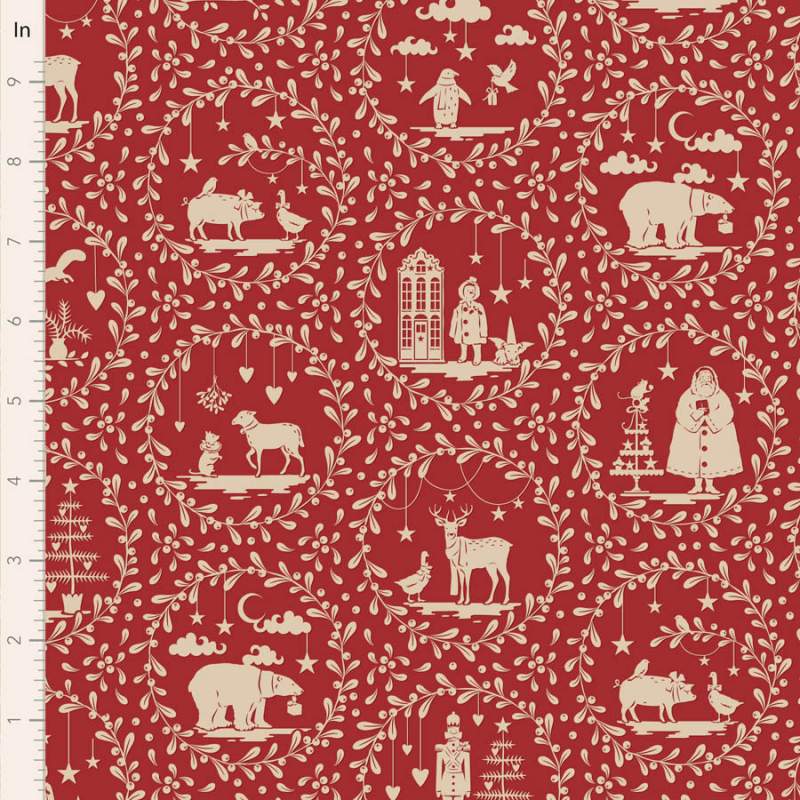 Tilda Merry Little Christmas, Paperscenes Burgundy, tessuto con disegni crema su fondo rosso Tilda Fabrics - 1 Tilda Merry Little Christmas, Paperscenes Burgundy, tessuto con disegni crema su fondo rosso Tilda Fabrics - 1