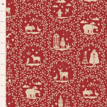 Tilda Merry Little Christmas, Paperscenes Burgundy, tessuto con disegni crema su fondo rosso Tilda Fabrics - 1