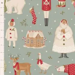 Tilda Merry Little Christmas, Winterfriends Duckegg, tessuto con disegni natalizi su fondo azzurro uova d'anatra Tilda Fabrics -