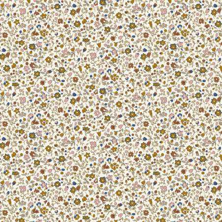Denim Florals, Posy Haze, Tessuto Bianco con piccoli fiori fitti marroni e rosa - Liberty Fabrics