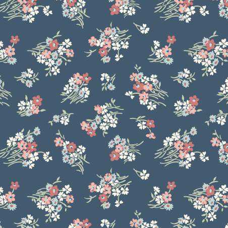 Botanist's Walk, Joanne's Bouquet, Tessuto blu con bouquet di fiori bianchi e rosa - Liberty Fabrics