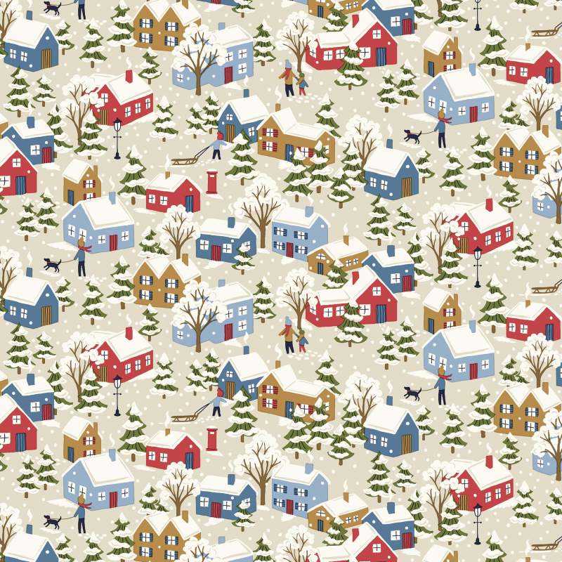 Festive Greetings, Festive Village, Tessuto color Panna con Villaggio Innevato - Liberty Fabrics Liberty Fabrics - 1