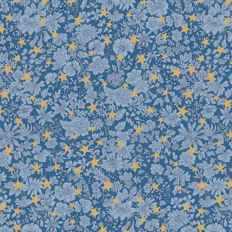 Festive Greetings, Emily Star, Tessuto Azzurro con fiori tono su tono e stelle d'oro - Liberty Fabrics