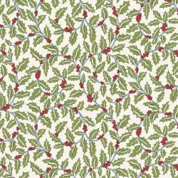 Festive Greetings, Swirling Holly, Tessuto color Panna con Agrifoglio Verde - Liberty Fabrics