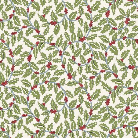 Festive Greetings, Swirling Holly, Tessuto color Panna con Agrifoglio Verde - Liberty Fabrics