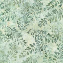 Artisan Batiks: Morning Mist, Sage, tessuto batik Verde/Azzurro con foglie - Robert Kaufman
