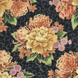 Tessuto nero con grandi fiori e dettagli dorati - Far East Expressions di Faye Burgos Marcus Fabrics - 2