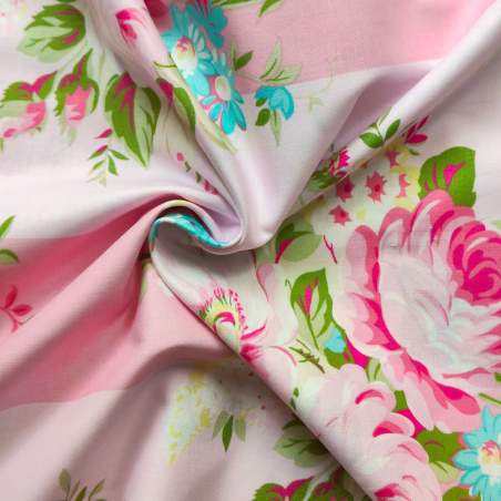 Tessuto rosa a righe con grandi bouquet di rose - Westminster Fibers, Sunshine Roses
