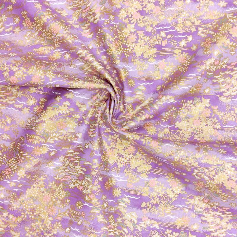 Tessuto Giapponese Viola con Giardino Fiorito e dettagli dorati