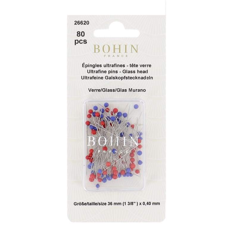 80 Spilli Patchwork Ultra Fini con Testa in Vetro di Murano da 36 x 0,40 mm - Bohin - confezione