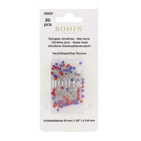 80 Spilli Patchwork Ultra Fini con Testa in Vetro di Murano da 36 x 0,40 mm - Bohin - confezione