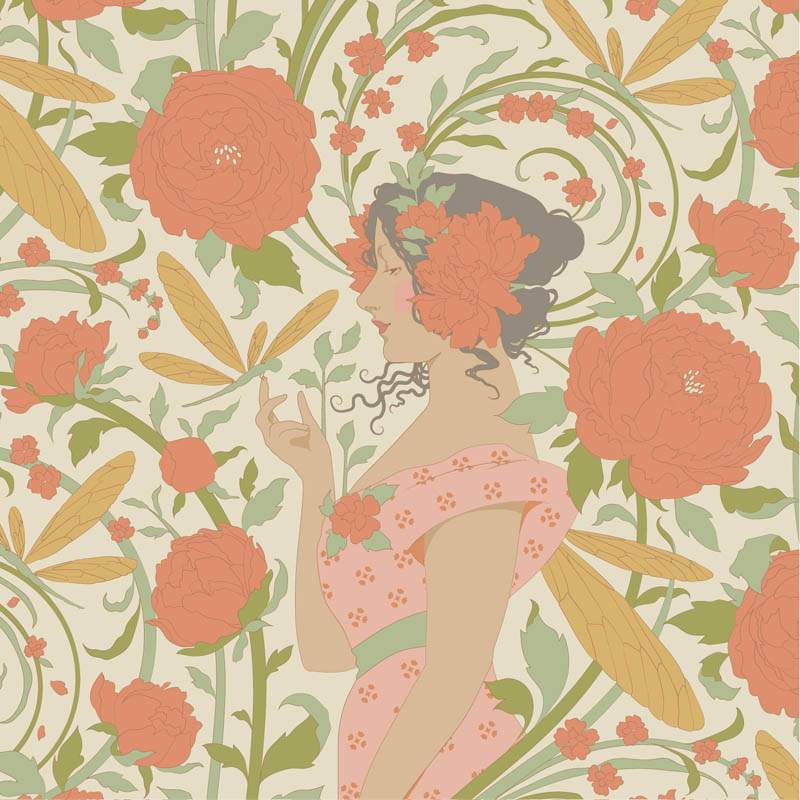 Tilda Songbird Aubery Coral, Tessuto Corallo con Fate e farfalle