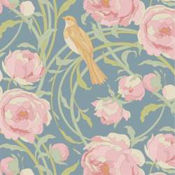 Tilda Songbird Cora Blue, Tessuto Blu con Peonie e uccellini
