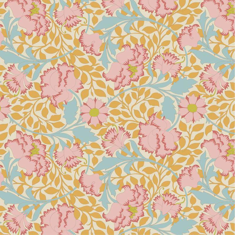 Tilda Songbird Flora Mustard, Tessuto Giallo Mostarda con Garofani