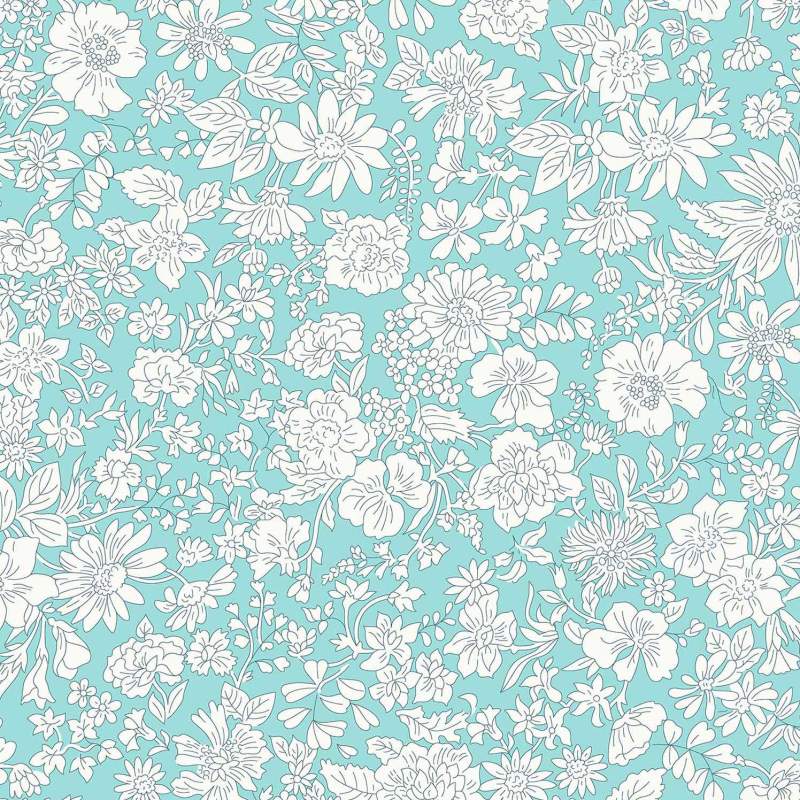 Emily Blossom MERMAID, Tessuto Verde Acqua con fiori bianchi - Liberty Fabrics