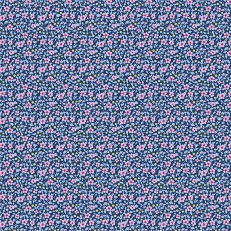 Tilda Brie Basics Denim, Tessuto blu con fiorellini malva