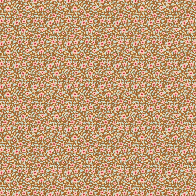 Tilda Brie Basics Sand, Tessuto marrone con fiorellini rosa