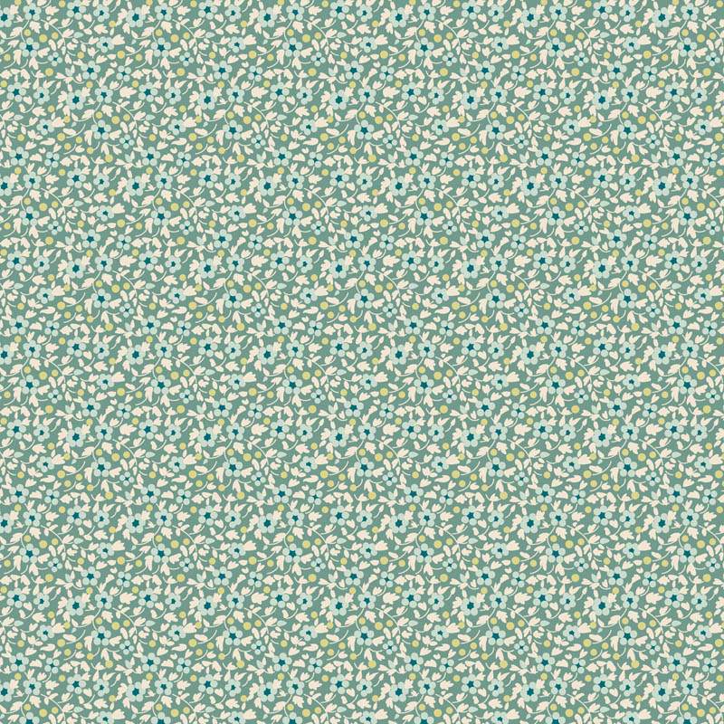 Tilda Brie Basics Teal, Tessuto verde acqua con fiorellini azzurri