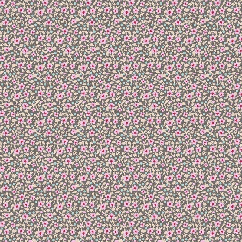 Tilda Brie Basics Grey, Tessuto grigio con fiorellini malva