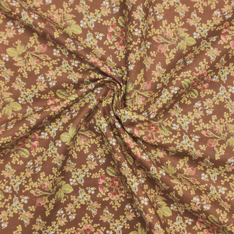 Tessuto marrone con bouquet di rose e ramage - Daphne Wine