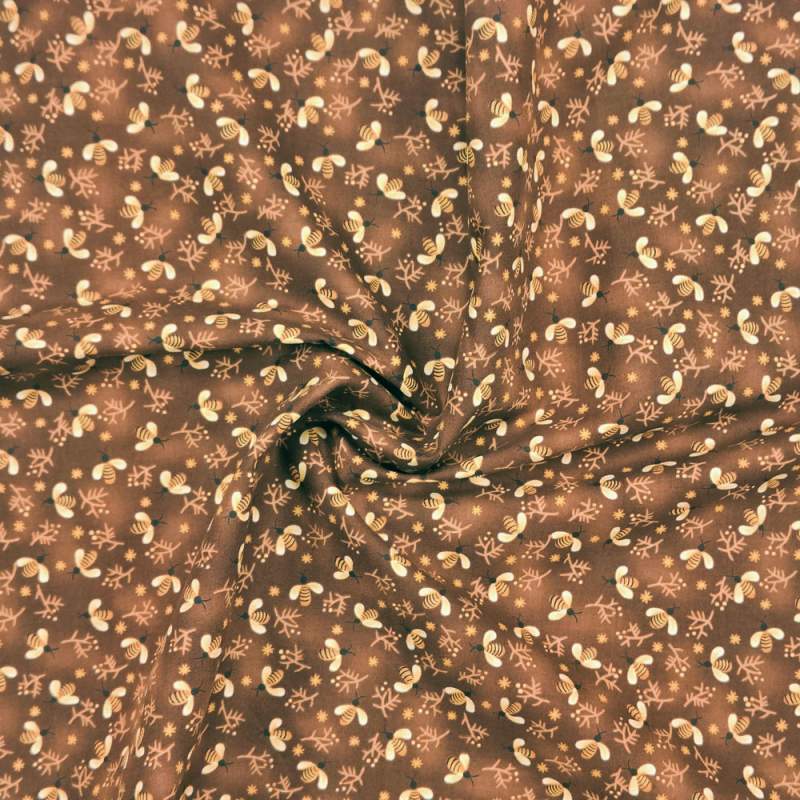 Tessuto marrone sfumato con rametti e api - My Country Garden