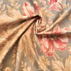 Tessuto grigio tortora con grandi Peonie e Rose - Moda Fabrics, Luna Notte by 3 Sisters