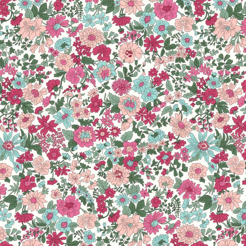 Emily Annabelle, tessuto panna a fiori Fucsia e Verde Acqua - Liberty Fabrics Liberty Fabrics - 1