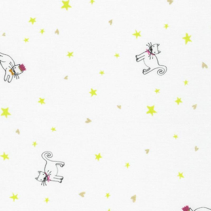 FancyPants Collection, tessuto bianco con gattini e stelle lime - Robert Kaufman Robert Kaufman - 1