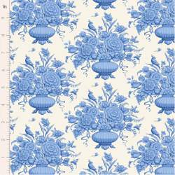 Tilda Something Blue, Afina Blue, tessuto con vasi di fiori blu su fondo crema Tilda Fabrics - 1