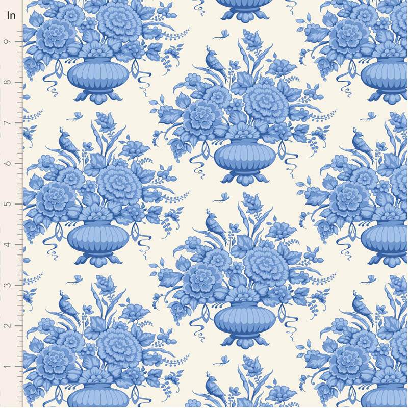 Tilda Something Blue, Afina Blue, tessuto con vasi di fiori blu su fondo crema Tilda Fabrics - 1