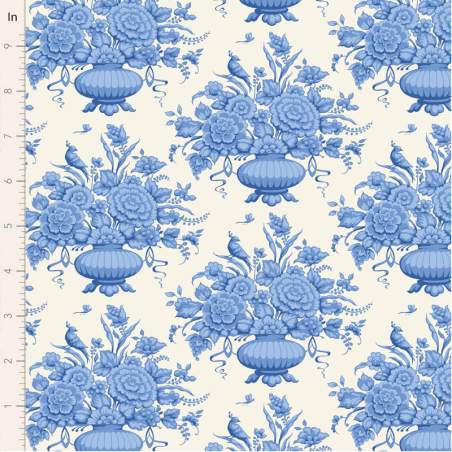 Tilda Something Blue, Afina Blue, tessuto con vasi di fiori blu su fondo crema Tilda Fabrics - 1