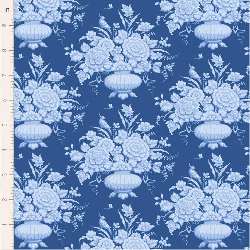 Tilda Something Blue, Afina Denim, tessuto con vasi di fiori azzurri su fondo blu scuro Tilda Fabrics - 1