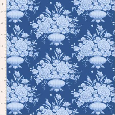 Tilda Something Blue, Afina Denim, tessuto con vasi di fiori azzurri su fondo blu scuro Tilda Fabrics - 1