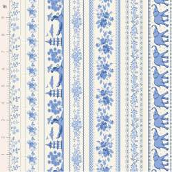 Tilda Something Blue, Borders Blue, tessuto con diversi tipi di bordi azzurri su fondo crema Tilda Fabrics - 1